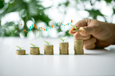 Concept of green business, finance and sustainability investment. Stack of silver coins the seedlings are growing on top with arrow of growth and icons.Carbon credit. ESG, Co2, NetZero.の写真素材