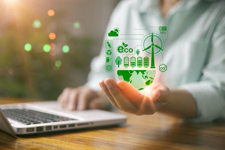 Carbon dioxide emission in industry net zero carbon concept. woman hand with net zero icon. Sustainable energy with co2 affects global warming. Carbon neutrality goal Greenhouse gas emissions 2050の写真素材
