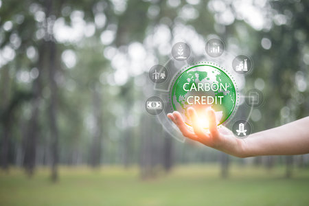 Business and environment sustainable. Carbon credit or CO2 trading market. Carbon tradable certificates for buy-sell. industry and company Reduc of carbon emissions to Net zero greenhouse gas target.の写真素材