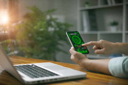 Carbon credit market concept. Green energy, Businesswoman with Carbon credit icon. Net zero in 2050 year. Green energy icon around it. Carbon Neutral in industry Net zero emission eco energy.の写真素材