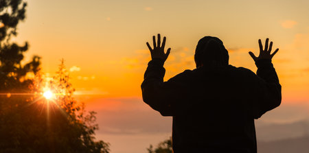 Person hands open palm up worship. Eucharist therapy bless god helping repent catholic easter lent mind pray. Fighting for god. Silhouette of woman worship in morning. Christian religion concept.の写真素材