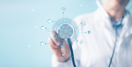 Medicine doctor hand working with modern virtual screen interface as concept. Medicine doctor and stethoscope in hand touching icon medical network connection with medical technology network concept.の写真素材
