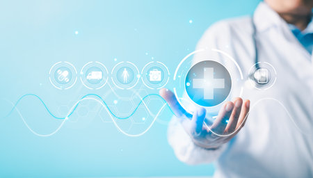 Doctor hold virtual medical network connection icons. Pandemic develop people awareness and spread attention on their healthcare, rising growth in hospital and health insurance business.の写真素材