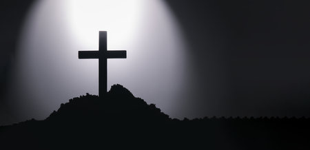 Jesus Christ cross religion symbol. Church Cross on a hill top in Silhouette. Black and white cross symbol for christian, resurrection and Jesus Christ.の写真素材