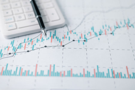 Showing business and financial report. Business chart showing financial success at the stock market,...