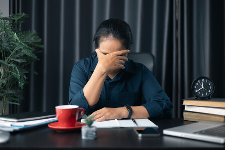 Contemplative prayer thinking in office. Businesswoman praying at work. Hands folded in prayer gesture beg about something. woman with hands clasped praying while sitting at desk in office.の写真素材