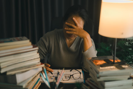 Depression at work. Asian Businesswoman sitting and working hard at with front of computer and lots of documents on table in workplace at late with serious action, Work hard and too late conceptの写真素材