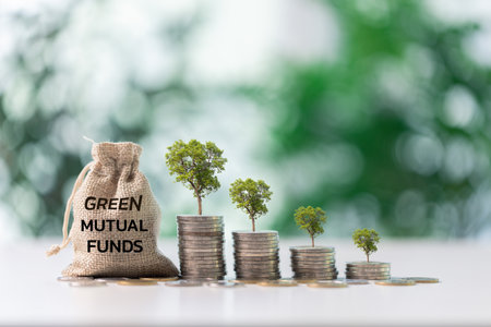 Green bonds and ESG investments, businesses recognize potential to positively impact economy and nature, against background of evolving market prices and rise of sustainable finance valuable coin.の写真素材