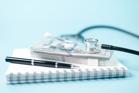 Concept of comprehensive health care includes medical professionals using stethoscopes to diagnose diseases, while health insurance ensures patients can access the necessary medicine and care.の写真素材