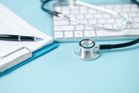 Stethoscope symbolizes essential medical care provided within health care system, health insurance plays crucial role in financing treatment and medicine to disease, concept of health management.の写真素材