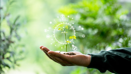 Concept of nurturing financial growth planting tree. Depositing money into green bank account supports eco-friendly initiatives, benefiting environment. money, deposit, green, tree, coin, growth.の写真素材