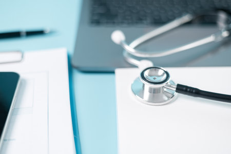 Stethoscope symbolizes essential medical care provided within health care system, health insurance plays crucial role in financing treatment and medicine to disease, concept of health management.の写真素材