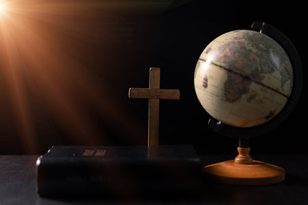 Missionary embarked on mission across the earth, armed with faith in Jesus Christ and a map, spreading the teachings of Christianity and the Bible to fulfill God's call within the Christian religion.の写真素材