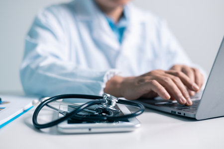 Doctor, equipped with a stethoscope, provided medical care to the patient at clinic, ensuring their health and well-being as a dedicated physician in the health care system. doctor, medical, health.の写真素材