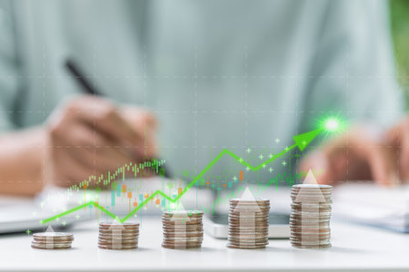 Green finance is driving economic growth with investments in sustainable energy reflected in rising graphs across business and financial sectors. finance, economy, green, business, investment, graph.の写真素材