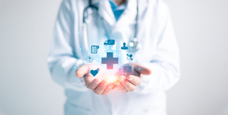 Health care management is business concept combines the expertise of doctors, medical services and insurance to provide comprehensive care, symbolized by hospital icon representing help and support.の写真素材