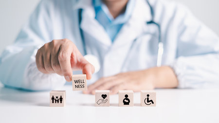 Employee wellness programs often include mental health support, medical insurance and disease prevention to ensure well-being of families and individuals, symbolizing commitment to overall health.の写真素材
