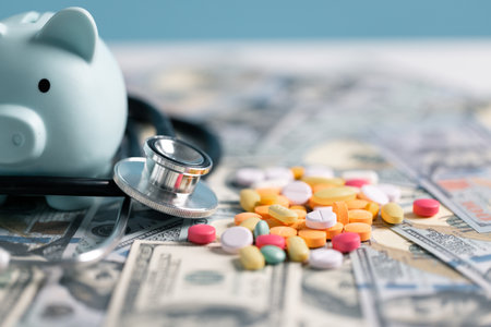 Medical business, a doctor carefully manages the money for each dose of medication, ensuring that even narcotic prescriptions are given against a backdrop of responsible health care. medicine, money.の写真素材