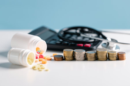 Background of health business, concept of medical finance encompasses managing money for medicine and pills, alongside securing insurance to ensure comprehensive health care. medicine, money, businessの写真素材