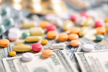 Medical business, a doctor carefully manages the money for each dose of medication, ensuring that even narcotic prescriptions are given against a backdrop of responsible health care. medicine, money.の写真素材
