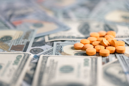 Medical business, a doctor carefully manages the money for each dose of medication, ensuring that even narcotic prescriptions are given against a backdrop of responsible health care. medicine, money.の写真素材