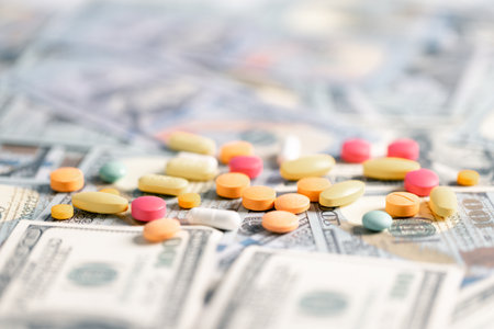 Medical business, a doctor carefully manages the money for each dose of medication, ensuring that even narcotic prescriptions are given against a backdrop of responsible health care. medicine, money.の写真素材