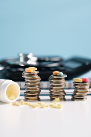 Medical business, a doctor carefully manages the money for each dose of medication, ensuring that even narcotic prescriptions are given against a backdrop of responsible health care. medicine, money.の写真素材