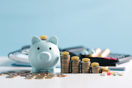 Background of health business, concept of medical finance encompasses managing money for medicine and pills, alongside securing insurance to ensure comprehensive health care. medicine, money, businessの写真素材