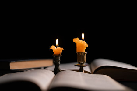 Dark, an antique candle cast its light on the old Bible, its flames flickering gently over the book...