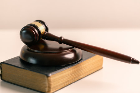 In court lawyer cited book of law as judge, holding gavel, pronounced judgement with authority of...