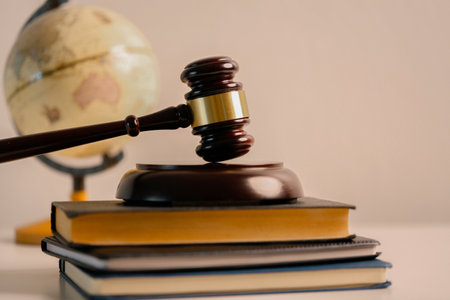 Lawyer presented his case in courtroom, where judge wielded hammer of justice, delivering a legal verdict under the authority of the court and law. guidance, management, process, report, standard.の写真素材