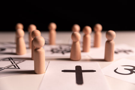 Concept of interfaith dialogue promotes understanding and spirituality by bringing together symbols, beliefs from diverse religions Hinduism, Islam, Judaism, Buddhism, faith and religious harmony.の写真素材