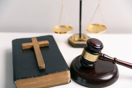 Holy Bible, central book of Christian faith, details teachings of Jesus Christ, God's law, and principles of justice within religion. courthouse, equality, education, harmony, independence, worshipの写真素材