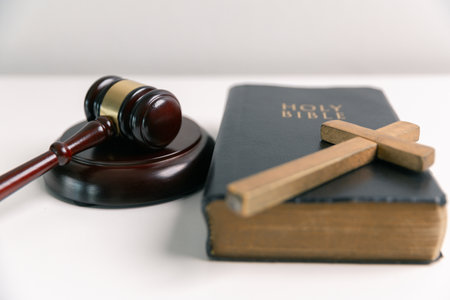 Holy Bible, central object of Christian faith, speaks of Jesus Christ and God is law, embodying religious beliefs and pursuit of divine justice. hope, peace, prayer, harmony, heritage, guilt, wisdomの写真素材