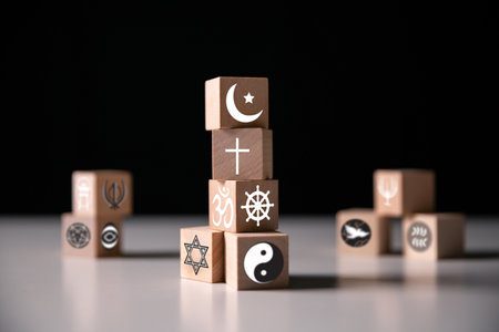 World Religion Day, symbols of Christianity, Judaism, Islam, Hinduism, Buddhism, and Taoism, including Star of David and Torah, celebrate diverse faiths unite humanity. religion, symbol, christianityの写真素材