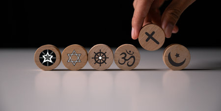 World Religion Day, symbols of Christianity, Judaism, Islam, Hinduism, Buddhism, and Taoism,...