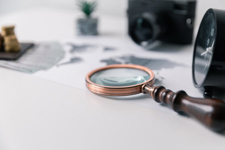 Concept of travel inspires many to explore world, using map to plan their journey and embark on tour or voyage that takes them around earth on an unforgettable trip. guide, insurance, location, moneyの写真素材