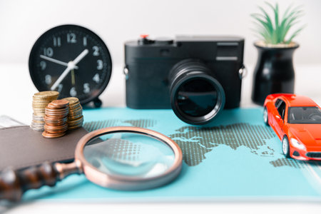 Concept of travel inspires many to explore world, using map to plan their journey and embark on tour or voyage that takes them around earth on an unforgettable trip. guide, insurance, location, moneyの写真素材