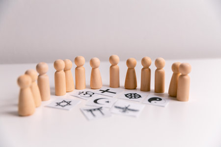 Concepts of religion and spirituality are symbolized in an icon set, representing wellbeing, vitality, and freedom of people. christianity, islam, catholicism, buddhism, judaism, hinduism, friendshipの写真素材