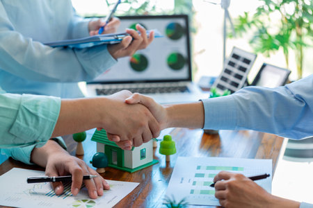 Business meeting concluded with successful deal as businessmen solidified their partnership with handshake, emphasizing importance of agreements and teamwork. success, agreements, teamwork, handshakeの写真素材