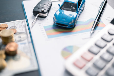 Finance bank tax expense accounting budget money businessman hand for Business expense analysis saving use car Financial calculate accountant close up calculator with graph chart write office deskの写真素材