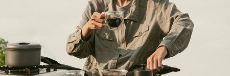 Morning coffee concept of cafe focus on nurturing coffee harmony with nature organic seed create warm cup caffeine background green fresh great outdoor aromatic drink rich aroma banner with copy spaceの写真素材