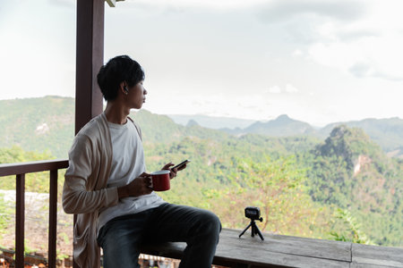 Future remote work combines technology nature smart phone enable e learning productivity while traveling blending comfort modern devices serenity computer equipment business connection natural worldの写真素材