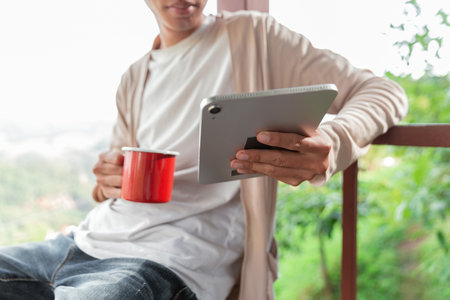 Future remote work combines technology nature smart phone enable e learning productivity while traveling blending comfort modern devices serenity computer equipment business connection natural worldの写真素材