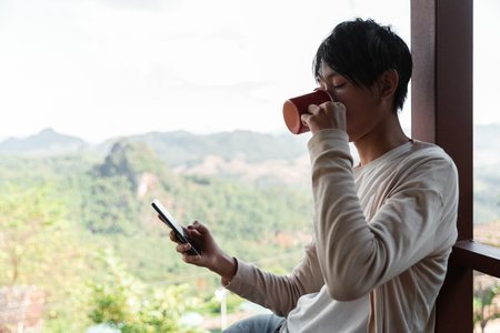 Future remote work combines technology nature smart phone enable e learning productivity while traveling blending comfort modern devices serenity computer equipment business connection natural worldの写真素材