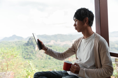 Future remote work combines technology nature smart phone enable e learning productivity while traveling blending comfort modern devices serenity computer equipment business connection natural worldの写真素材