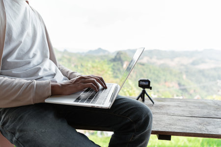 Future remote work combines technology nature smart phone enable e learning productivity while traveling blending comfort modern devices serenity computer equipment business connection natural worldの写真素材