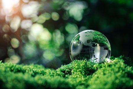 Crystal globe glass on green moss in forest to protect nature save and care world for sustainable. Concept of environment ecology and Earth Day. eco environment and esg. ecological sustainabilityの写真素材