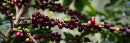 Farmer concept harvest ripe coffee seed robusta arabica berry close up fresh green leaf bean picking orange crop red yellow berries raw plant tree smart farm growth blur background eco organic gardenの写真素材