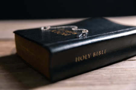 Religious belief concept Close up prayer Christian church service Bible Holy cross Spiritual power...